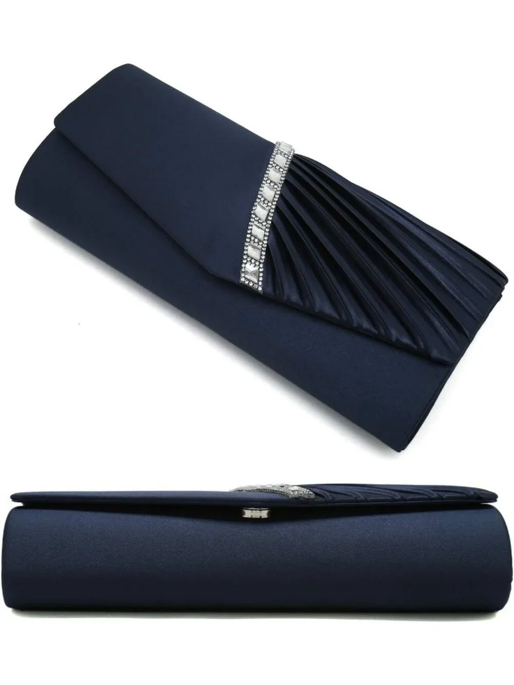 Women's Navy Blue Crystal Embellished Pleated Satin Clutch Purse For Evening Bag